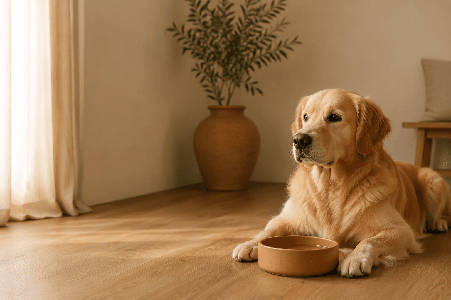 A calm dog resting beside a clean Mpetgroup bowl